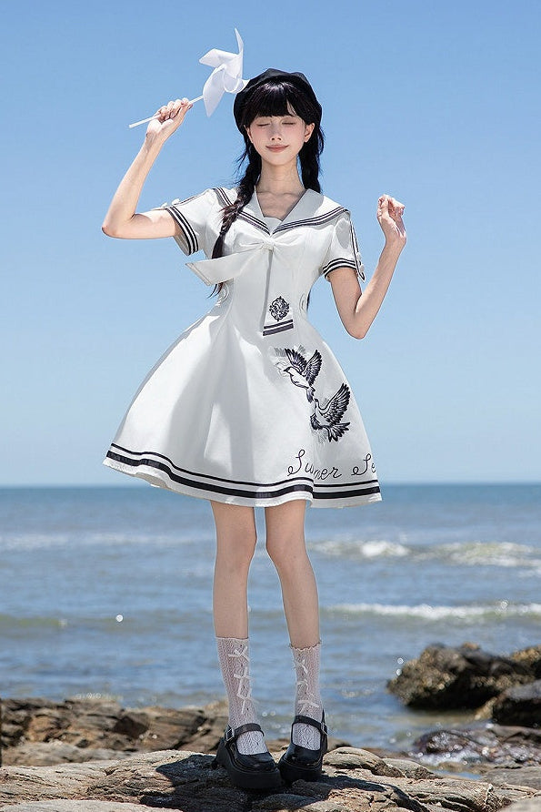【10月1日予約締切】Blue/White Sailor Collar Bird Embroidery Lolita Bow Dress