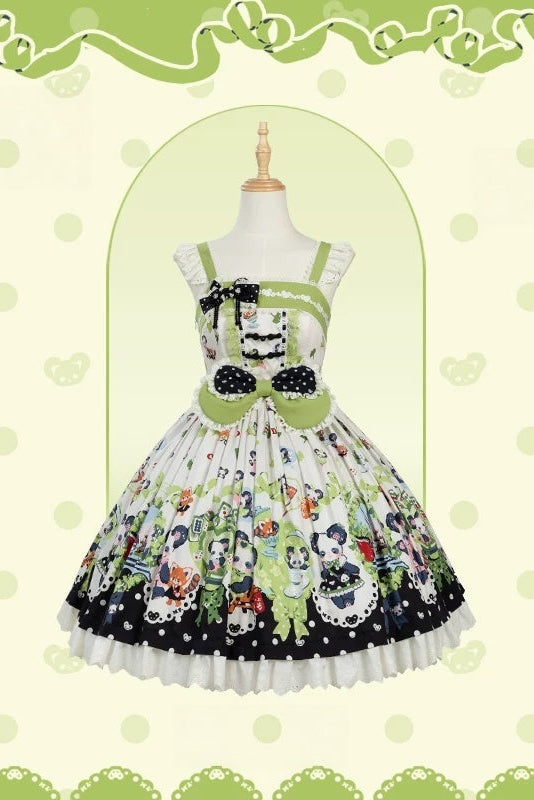 [Pre-order Deadline: October 25] Pink/Green Chinoiserie Lolita Sweet Panda Ear Bow High-Waist Tiered JSK Dress + Bow-Waist Panda Print Dress