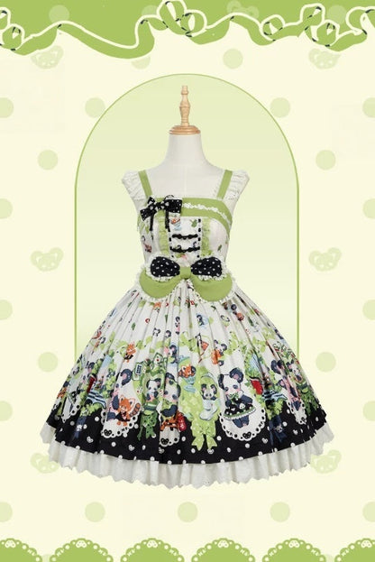 [Pre-order Deadline: October 25] Pink/Green Chinoiserie Lolita Sweet Panda Ear Bow High-Waist Tiered JSK Dress + Bow-Waist Panda Print Dress