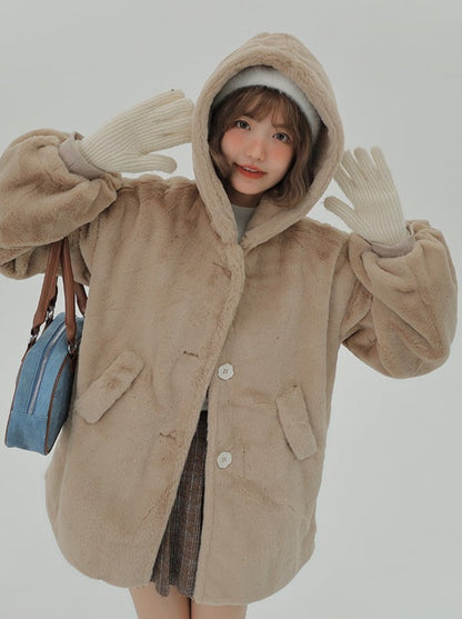 Velvet fur hooded long coat + hooded short coat