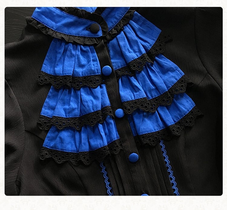 [Vorbestellschluss: 13. Juli] Kleinblaue Gothic-Lolita-Rüschenbluse mit Glockenärmeln