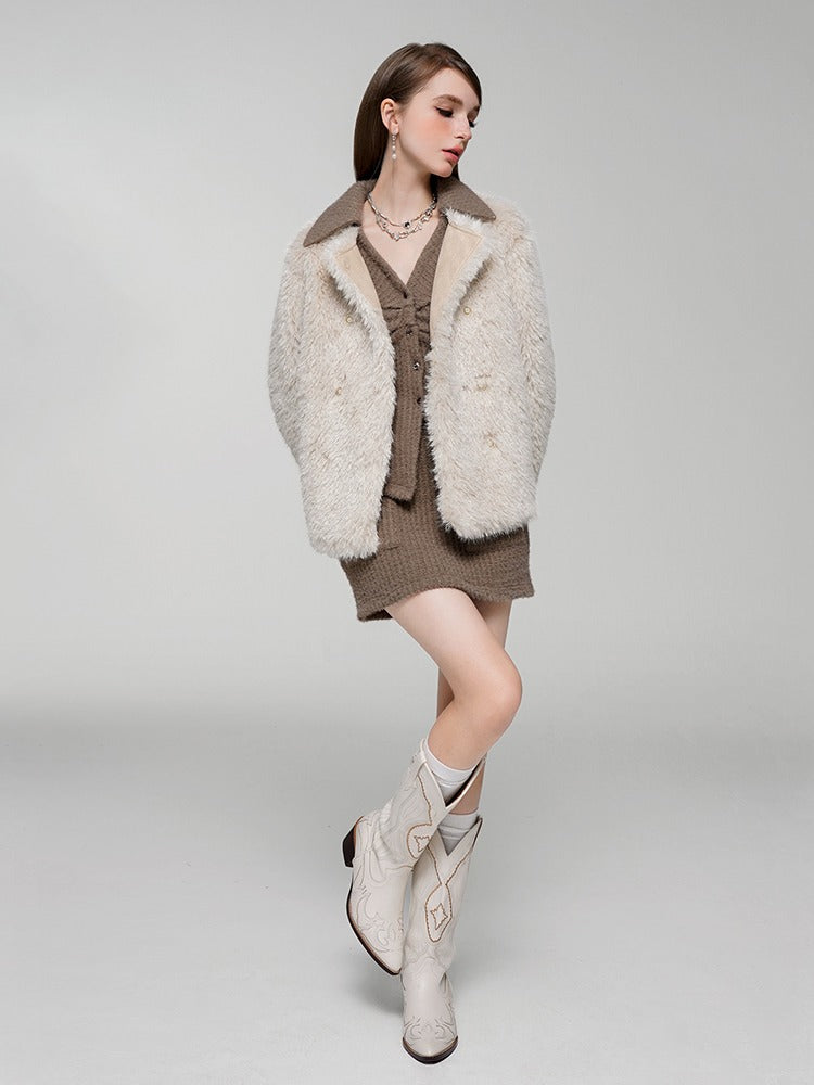 High-end collarless fur jacket