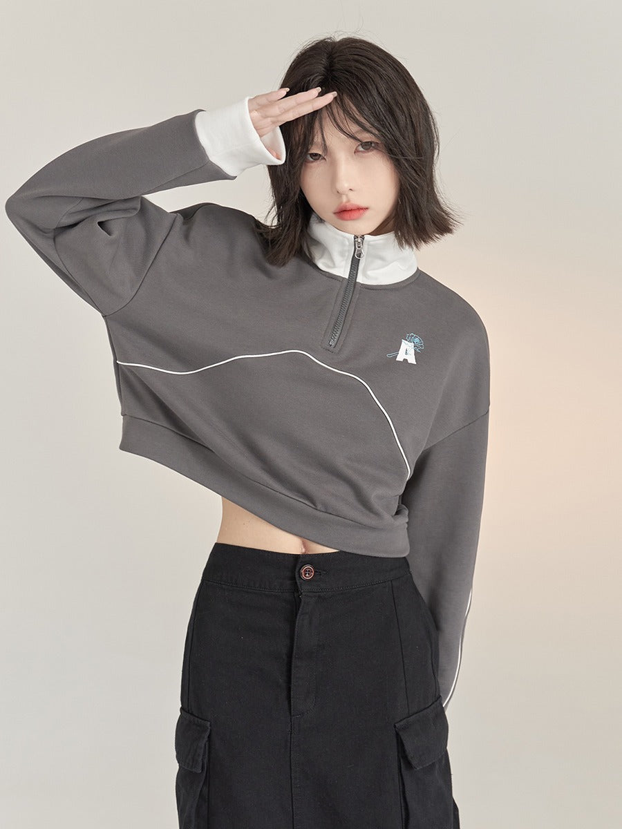 Half Zip Stand Collar Short Sweatshirt