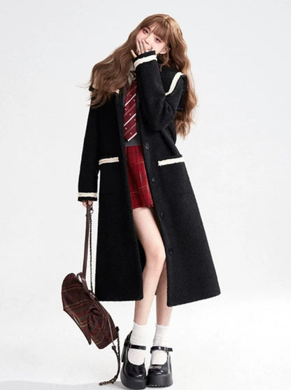 Black Contrast Sailor Collar Loose Long Wool Coat