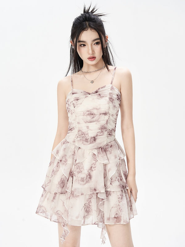 Rose print pleated tea apple dress
