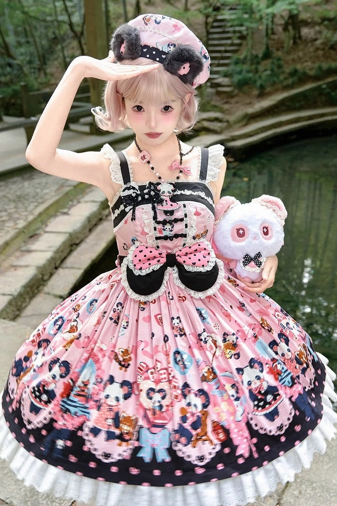 [Pre-order Deadline: October 25] Pink/Green Chinoiserie Lolita Sweet Panda Ear Bow High-Waist Tiered JSK Dress + Bow-Waist Panda Print Dress