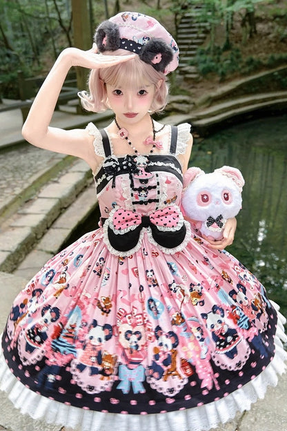 [Pre-order Deadline: October 25] Pink/Green Chinoiserie Lolita Sweet Panda Ear Bow High-Waist Tiered JSK Dress + Bow-Waist Panda Print Dress