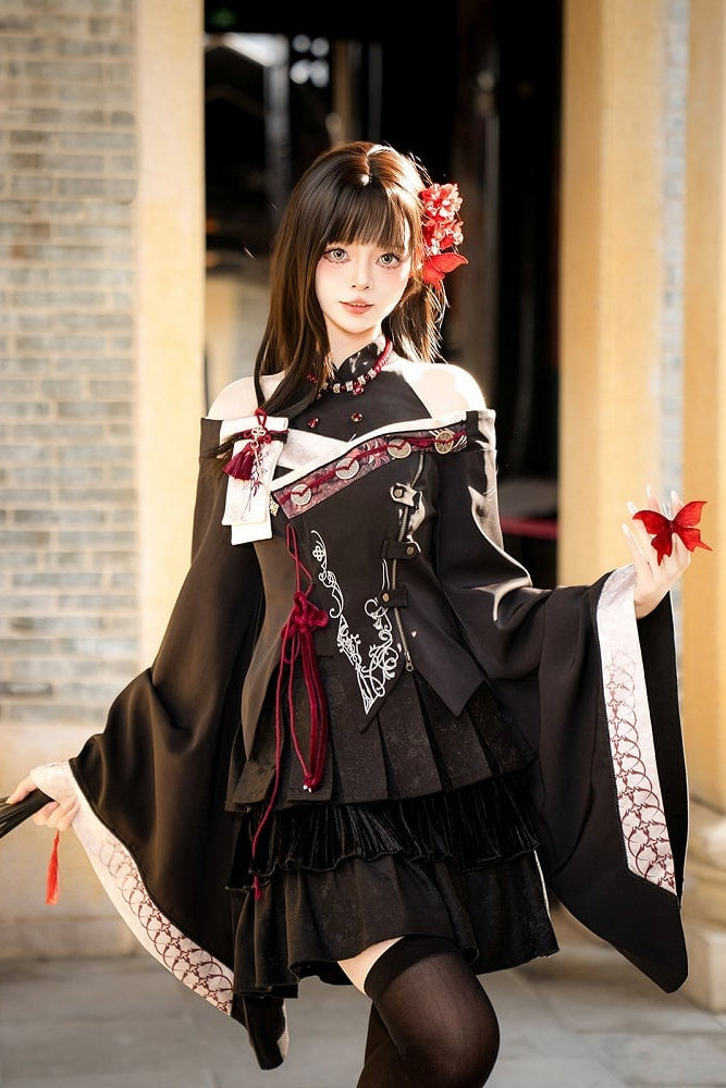 【10月7日予約締切】Black and Red Chinese Dark Gothic Lolita Wide Sleeve Asymmetrical Hem Top + Layered Ruffle Skirt + Necklace + Full Set