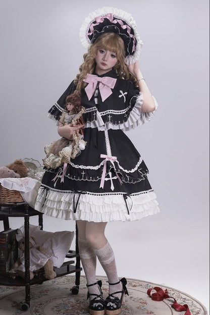 【10月4日予約締切】Black Pink Gothic-Inspired Sweet Lolita Ribbon Ruffle Dress＋Cross Embroidery Ribbon Cape