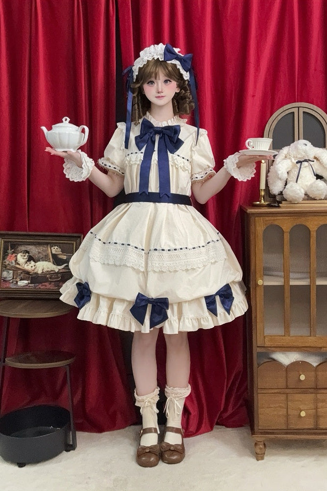 【9月19日予約締切】Pink x Beige / Dark Blue x Beige Doll Style Sweet Lolita Bow Lace Puff Sleeve Dress + Dress Set + Full Set