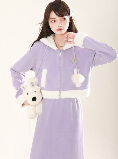 Fur Ball Hoodie Purple Zip Sweat Jacket + Skirt