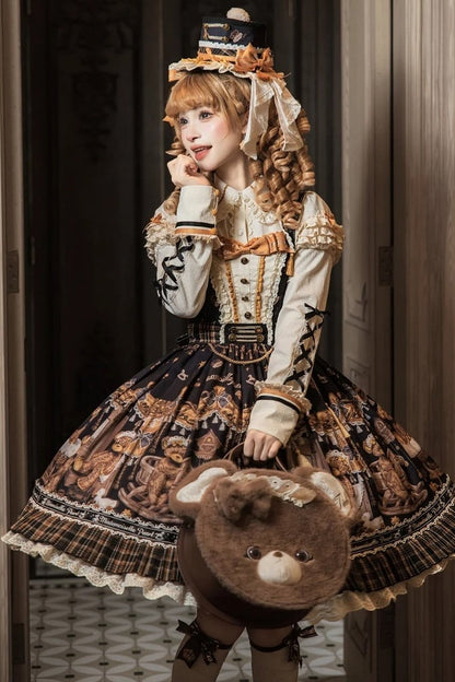 [Reservierungsschluss 8. September] Classic Bear Lolita-Stufenkleid mit weißem Kragen, Karomuster, Spitze und Schleife+Vintage-JSK-Kleid mit Teddybär-Print und Spitze+Vintage-Lolita-Kleid mit Teddybär-Print, Karokragen und klassischem Karomuster