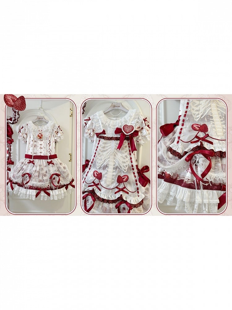 【11月4日予約締切】Strawberry Print Sweet Lolita Lace Bow JSK Dress + Puff Sleeve Lace Bow Doll Dress with Bone Embroidery Apron