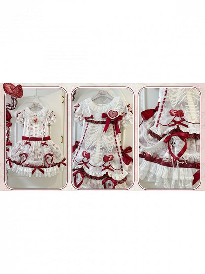 【11月4日予約締切】Strawberry Print Sweet Lolita Lace Bow JSK Dress + Puff Sleeve Lace Bow Doll Dress with Bone Embroidery Apron