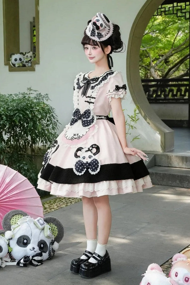 [Pre-order Deadline: October 25] Pink/Green Chinoiserie Lolita Sweet Panda Appliqué Puff Sleeve Polka Dot Bow Apron Dress