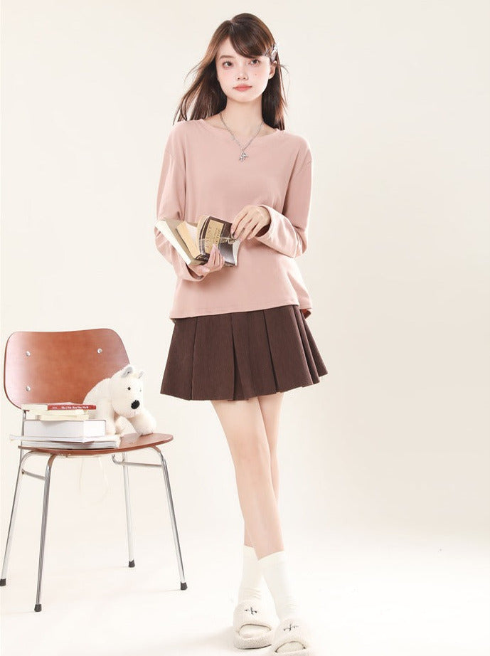 Loose Slim Colour Solid Round Neck Pullover Long T