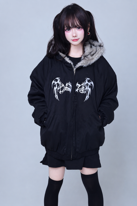 Veste gothique jirai à capuche en fourrure