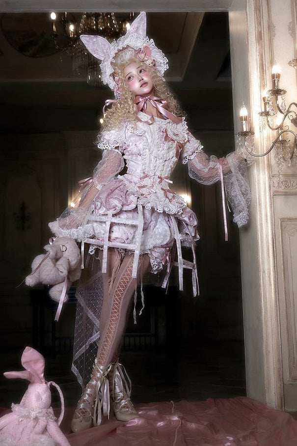 [Date limite de précommande : 6 octobre] Pink Castle Bunny ensemble poupée romantique avec haut corset à manches bouffantes en dentelle + short + surjupe à volants + surjupe cage à oiseaux Set 1/2/3
