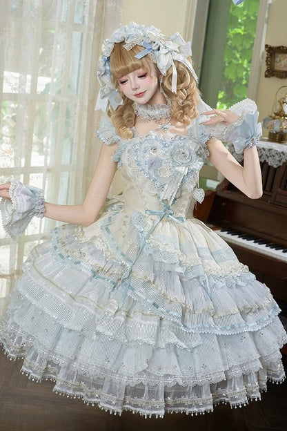 [Reservierungsschluss 1. August] Blau-weißes Sweet-Lolita-Stufenkleid-Set mit Blumenmuster