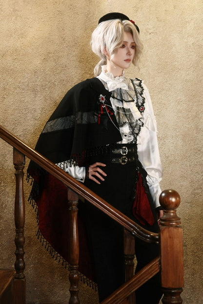 【10月2日予約締切】Gothic Beaded Lace Trim Knight One-Shoulder Cape (With Red Lining) + Jewel Chain Brooch