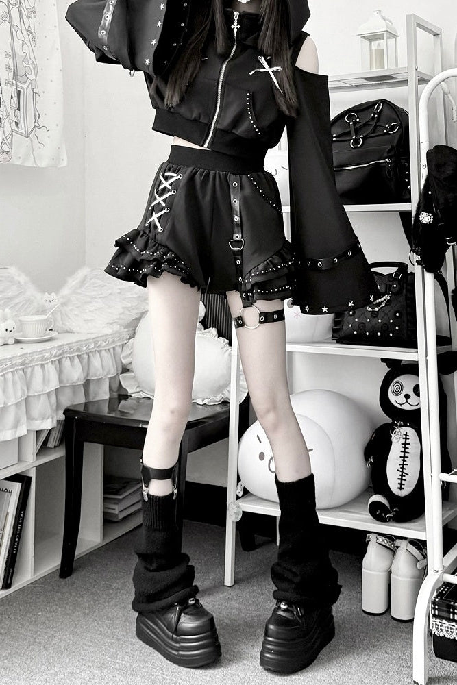 [Vorbestellungsartikel] Glänzende und mattschwarze Gothic-Cyber-Katzenohren-Kapuzenjacke mit freien Schultern und Reißverschluss+kurze Hose mit Beinringen im Set