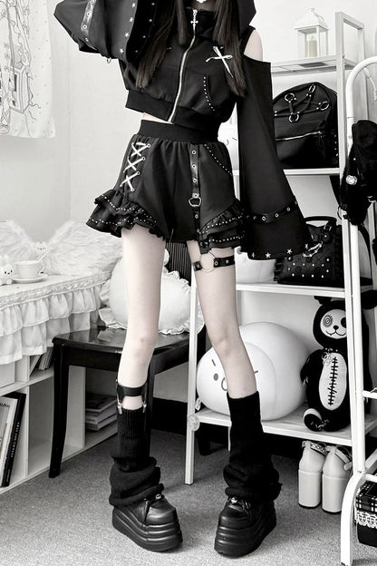[Vorbestellungsartikel] Glänzende und mattschwarze Gothic-Cyber-Katzenohren-Kapuzenjacke mit freien Schultern und Reißverschluss+kurze Hose mit Beinringen im Set