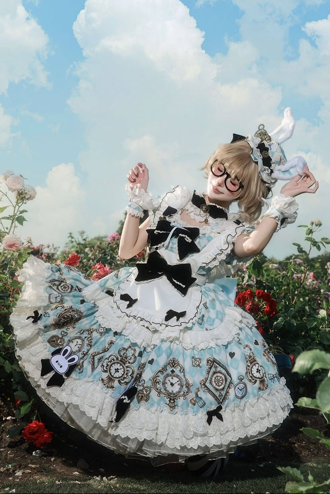 [Reservierungsschluss 30. Juni] Blaue x weiße Alice-im-Wunderland Sweet-Lolita-Accessoires-Serie (Hasenohren-Hut, Hasenohren-Haarreif, Halsband, Taschenuhr-Brosche, rückseitige Schleppen-Schleife, Handgelenkstulpen)