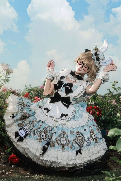 [Reservierungsschluss 30. Juni] Blaue x weiße Alice-im-Wunderland Sweet-Lolita-Accessoires-Serie (Hasenohren-Hut, Hasenohren-Haarreif, Halsband, Taschenuhr-Brosche, rückseitige Schleppen-Schleife, Handgelenkstulpen)