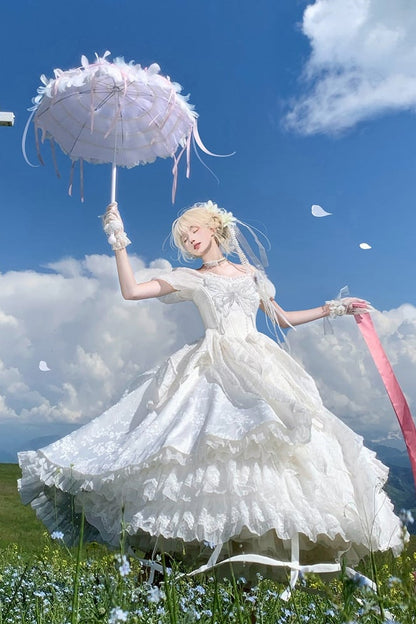 【10月28日予約締切】White Butterfly Gothic Lolita Puff Sleeve Dress Top + Layered Ruffle Asymmetrical Hem Skirt Set (With Chest Brooch + Waist Brooch)