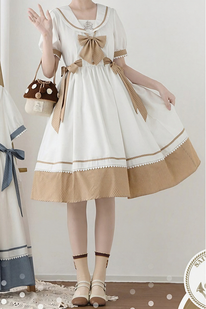 [Reservierungsschluss 28. Juni] 5 Farben/Sailor-Lolita-Streifenkleid mit Schleife und Puffärmeln