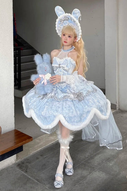 [Deadline for reservations: December 10] Snow Rabbit Ball Blue and Silver Halter Neck Fur Dress Complete Set