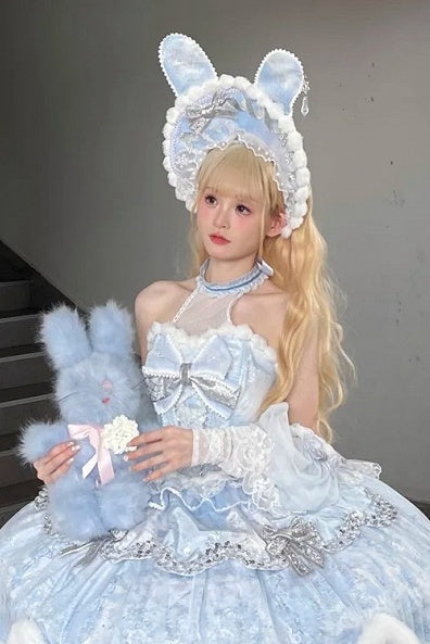 Snow Rabbit Ball Series: Bonnet with rabbit ears + crown veil + accessories