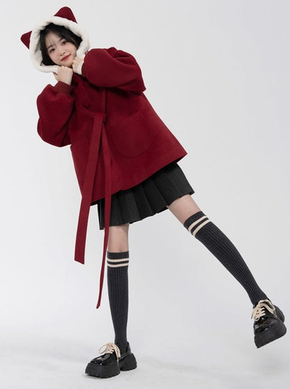 Wine Red Cat Hooded Short Wool Coat