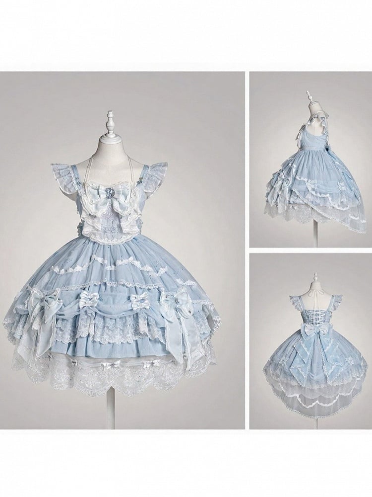 [Clôture des précommandes le 923] Robe JSK classique lolita bleu clair/bleu foncé à broderies d’étoiles célestes, rubans et jupe à volants asymétrique