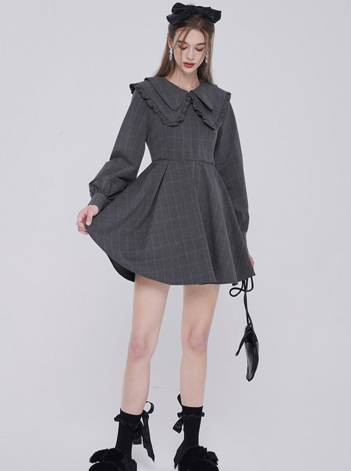 Dark Gray Check Puff Sleeve Dress