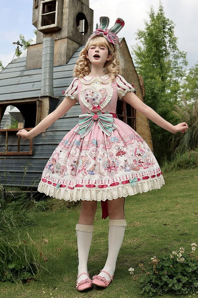 [Pre-order Deadline: July 1] Pink x Green Alice Cat Sweet Lolita Puff Sleeve OP Dress (with Ribbon Apron and Playing Card Motif Waist Belt)