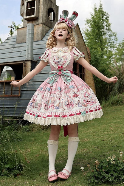 [Pre-order Deadline: July 1] Pink x Green Alice Cat Sweet Lolita Puff Sleeve OP Dress (with Ribbon Apron and Playing Card Motif Waist Belt)