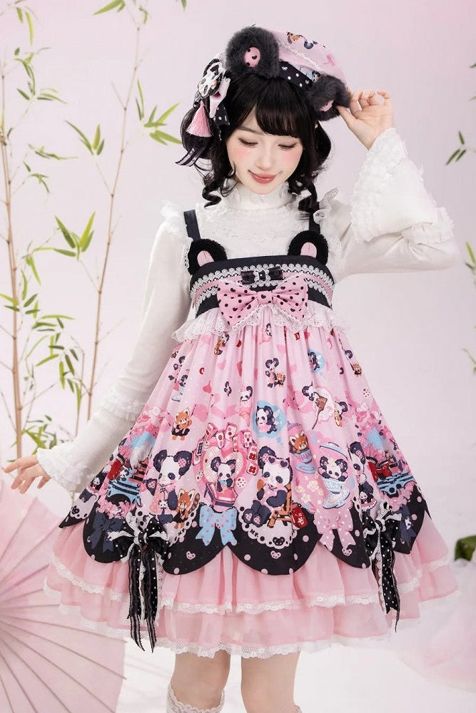 [Pre-order Deadline: October 25] Pink/Green Chinoiserie Lolita Sweet Panda Ear Bow High-Waist Tiered JSK Dress + Bow-Waist Panda Print Dress