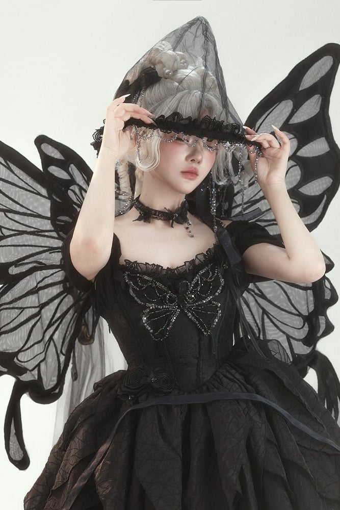 【10月28日予約締切】Black Butterfly Gothic Lolita Puff Sleeve Dress Top + Layered Ruffle Asymmetrical Hem Skirt Set (With Chest Brooch + Waist Brooch)