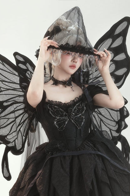 【10月28日予約締切】Black Butterfly Gothic Lolita Puff Sleeve Dress Top + Layered Ruffle Asymmetrical Hem Skirt Set (With Chest Brooch + Waist Brooch)