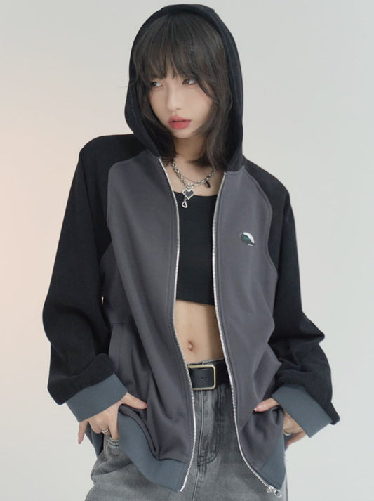 ルーズコントラストカラーフーディーカーディガントレーナー