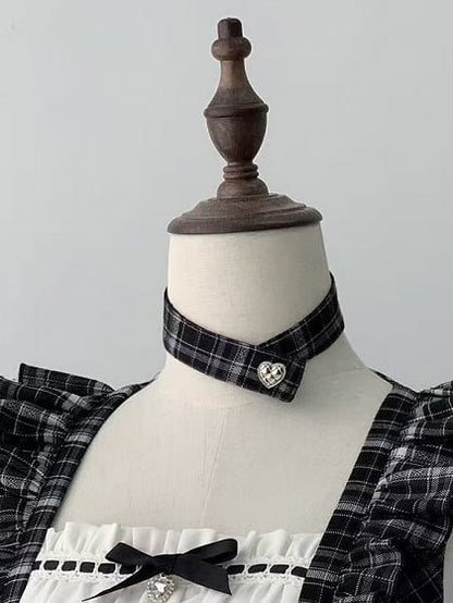 【4月29日予約締切】ブラックチェックフリルリボンパフスリーブミニドレスセットアップ＋チョーカー