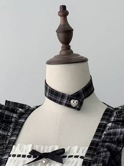 【4月29日予約締切】ブラックチェックフリルリボンパフスリーブミニドレスセットアップ＋チョーカー