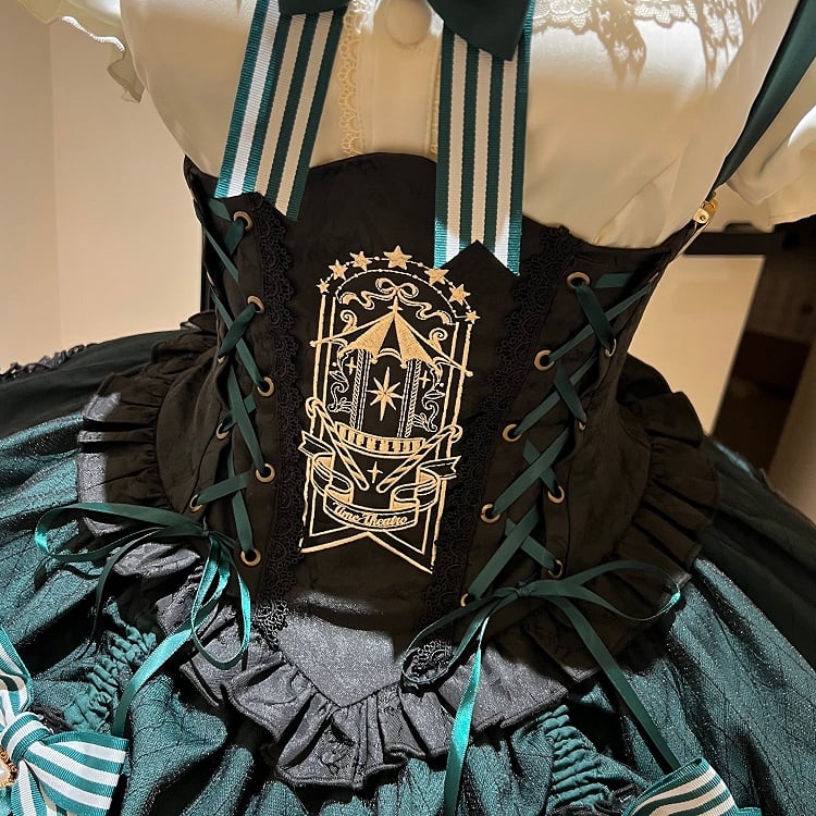 [Pre-order Deadline: May 20] Magical Girl Lolita Elegant Lace Puff Sleeve Shirt + Black x Green Ribbon Corset Tiered Dress + Mini Hat