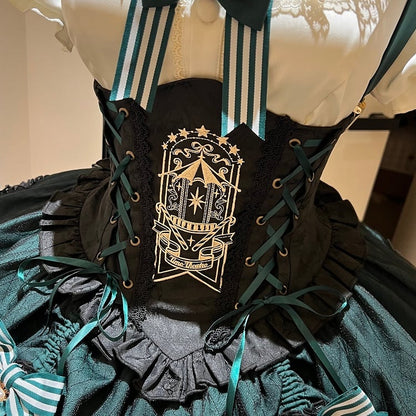 [Pre-order Deadline: May 20] Magical Girl Lolita Elegant Lace Puff Sleeve Shirt + Black x Green Ribbon Corset Tiered Dress + Mini Hat