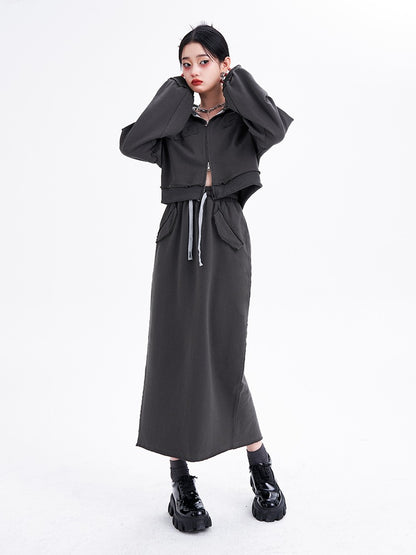 Street Double Zip Gray Foody Jacket Pan Turong Skirt Suit