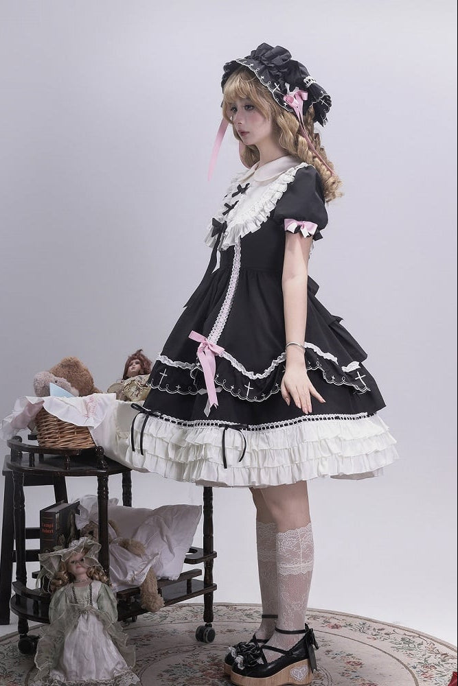【10月4日予約締切】Black Pink Gothic-Inspired Sweet Lolita Ribbon Ruffle Dress＋Cross Embroidery Ribbon Cape