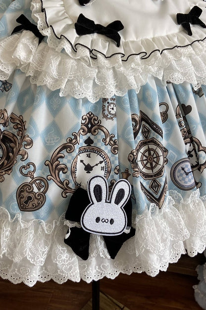 [Reservierungsschluss 30. Juni] Blau-weißes Alice-im-Wunderland Sweet-Lolita-Schleifen-Schürzen-OP-Kleid + Komplettset 1/2
