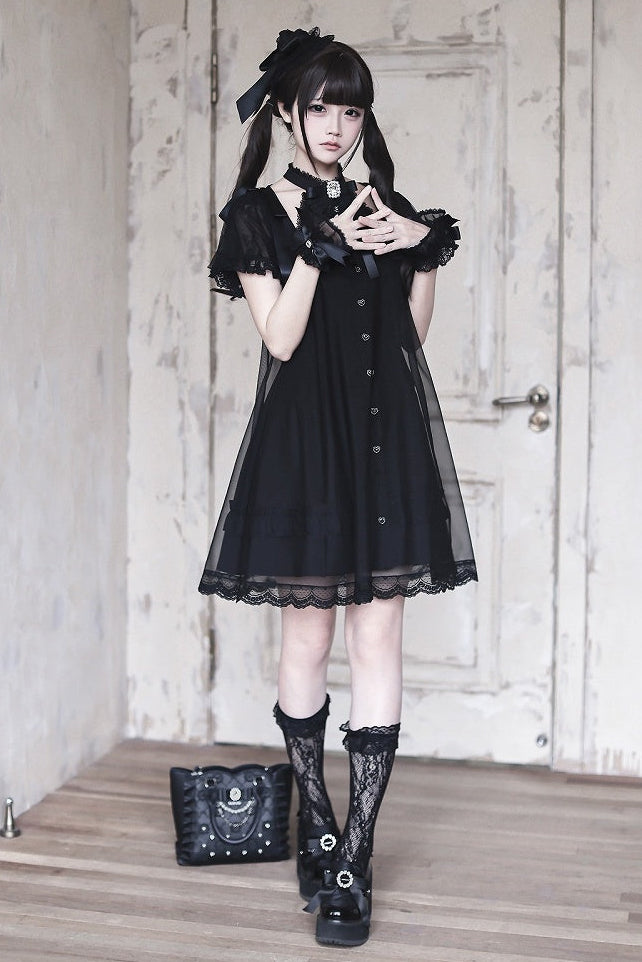 [Reservierungsschluss am 15. Juli] Schwarzes Gothic-Tüllkleid im Lagenlook mit Schmuckschleife + Rosenkreuz-Haarspange + Handgelenkmanschetten