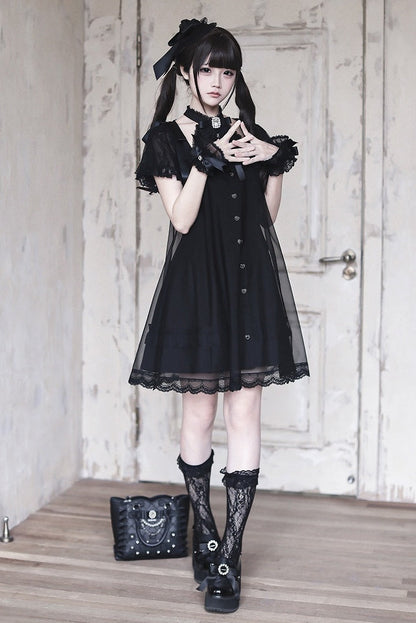 [Reservierungsschluss am 15. Juli] Schwarzes Gothic-Tüllkleid im Lagenlook mit Schmuckschleife + Rosenkreuz-Haarspange + Handgelenkmanschetten